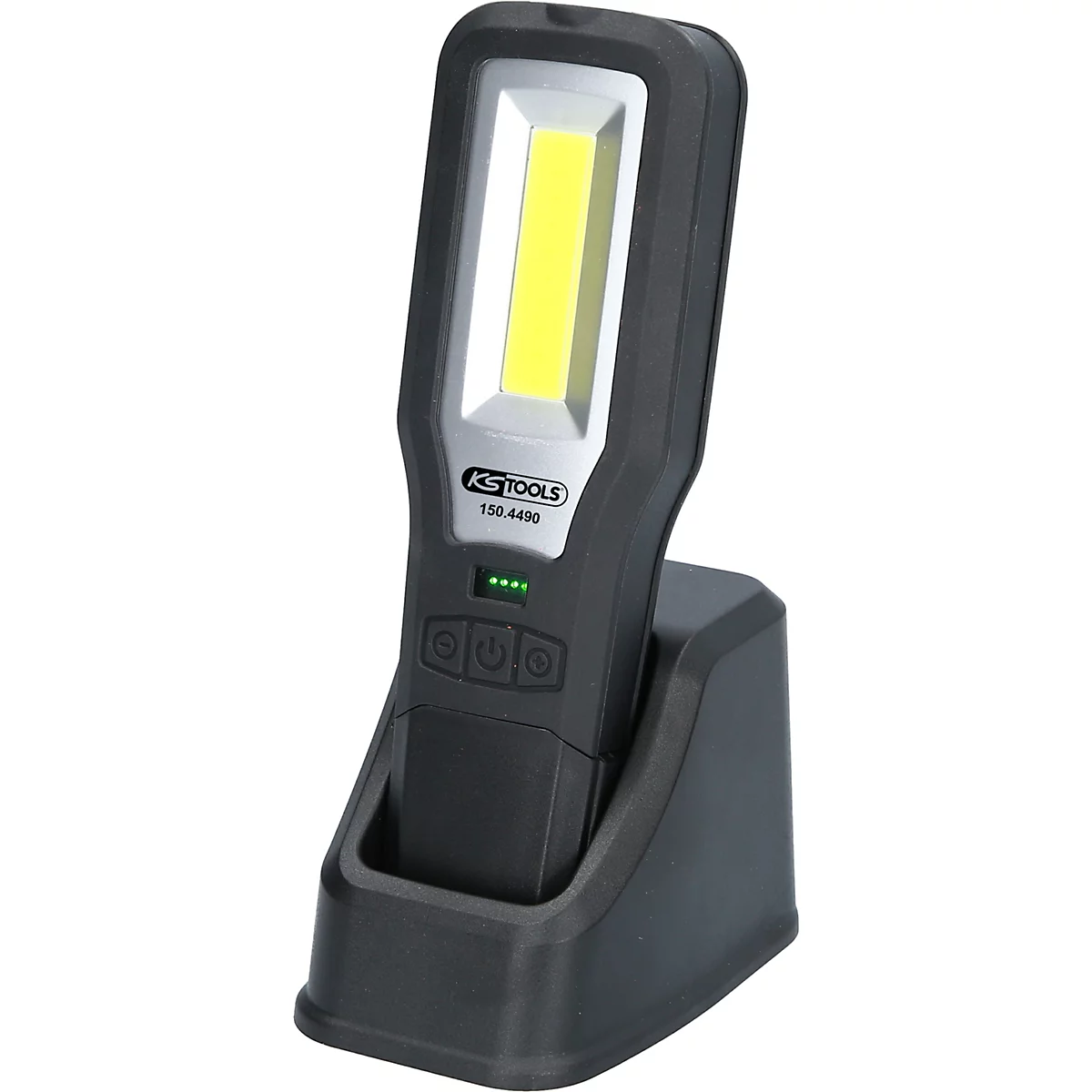 Zwarte LED-werkplaatslamp met oplaadstation. Boven een lichtveld, daaronder het KS TOOLS logo en oplaadindicator.